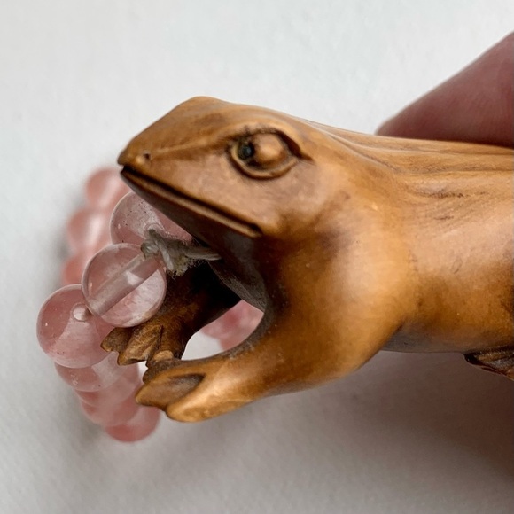 Antique Vintage Japanese Carved Wood Netsuke Frog Beaded Bracelet Finger Ring - Picture 10 of 14